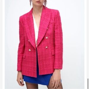 NWOT Zara Tweed Double-Breasted Blazer Pink Fuchsia Blogger Fav XS